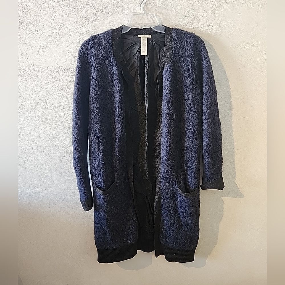 White + Warren Wool Alpaca Mohair Blue Open Front Cardigan Sweater Long Medium